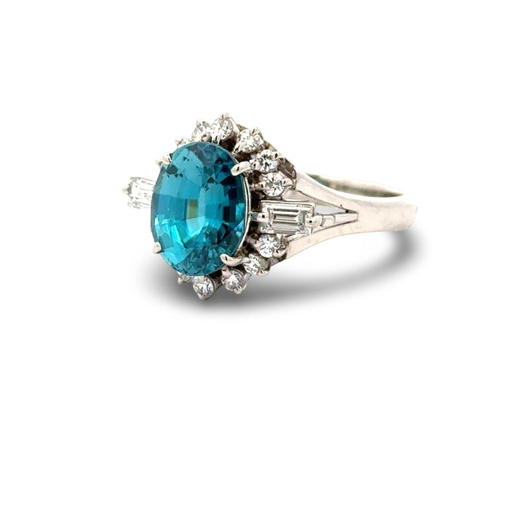 Blue Zircon and Diamond Platinum Ring