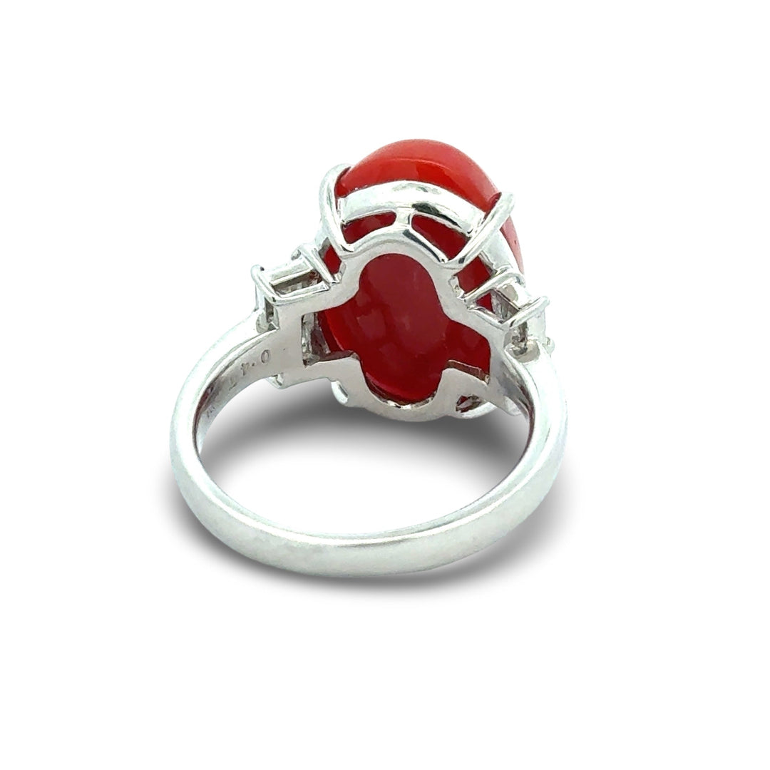 Natural Coral and Diamond Platinum Ring