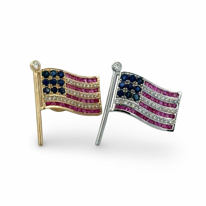 The Presidential American Flag Diamond, Ruby, Sapphire Lapel Brooch 14K Yellow Gold 15308
