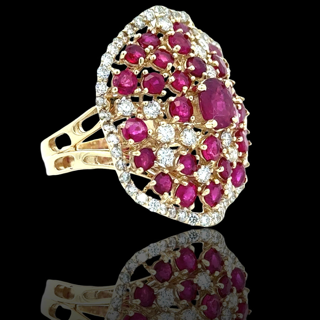 Fine Ruby Diamond Cluster 14K Yellow Gold Ring