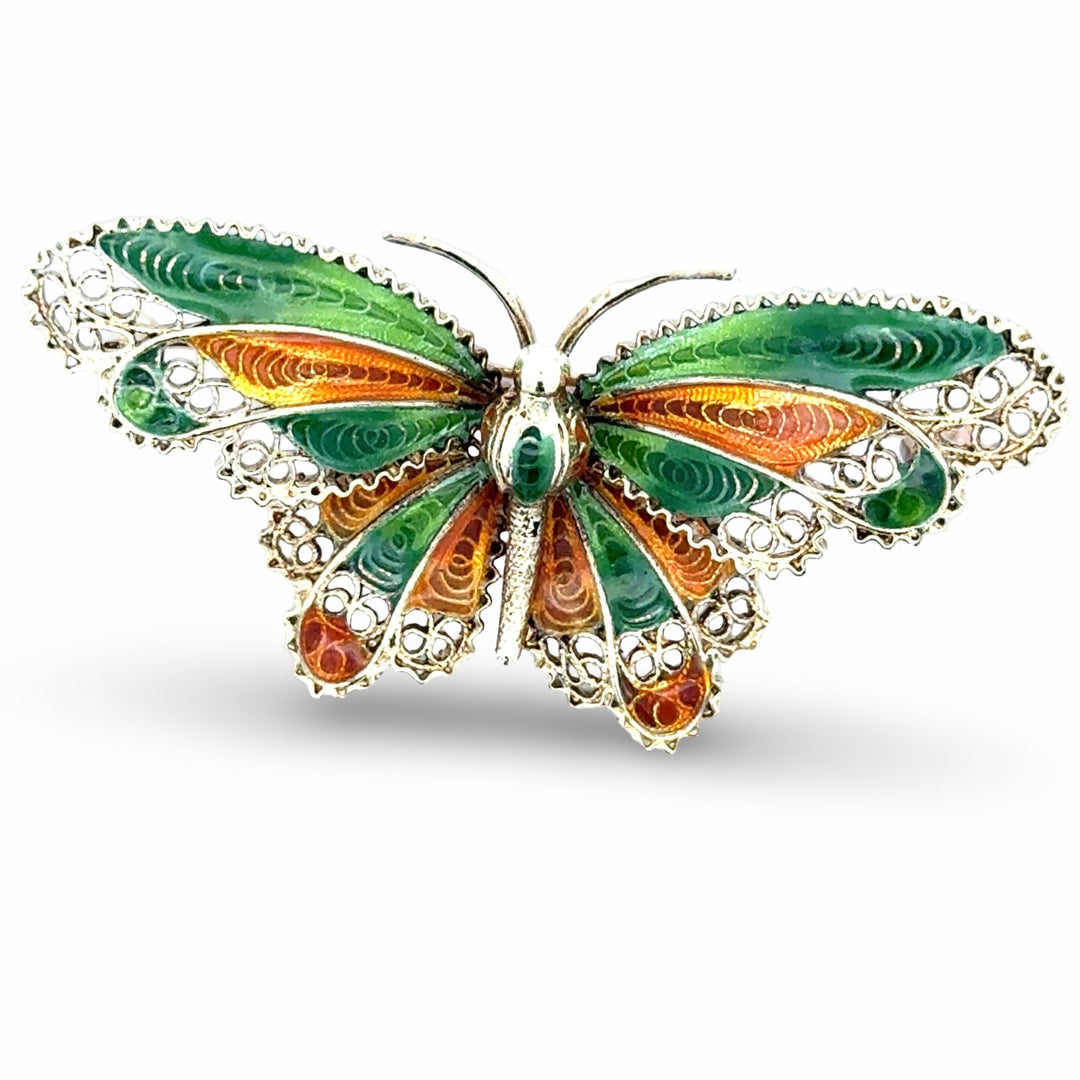 Plique A Jour Green and Orange Enamel 14K Yellow Gold Butterfly Brooch