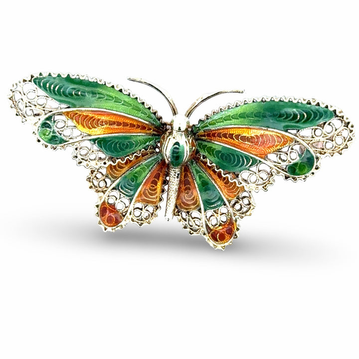 Plique A Jour Green and Orange Enamel 14K Yellow Gold Butterfly Brooch