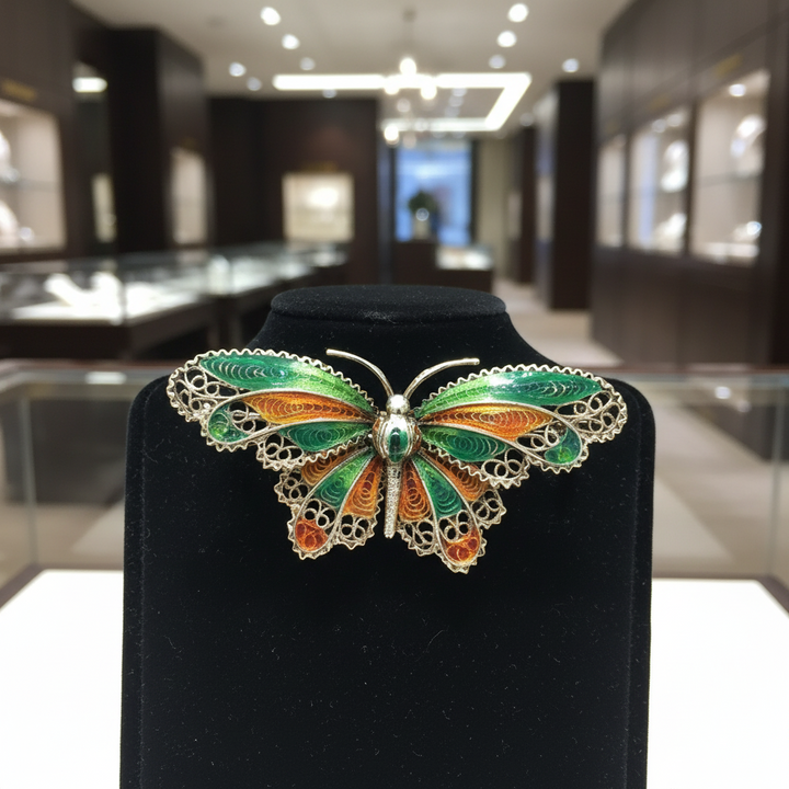 Plique A Jour Green and Orange Enamel 14K Yellow Gold Butterfly Brooch