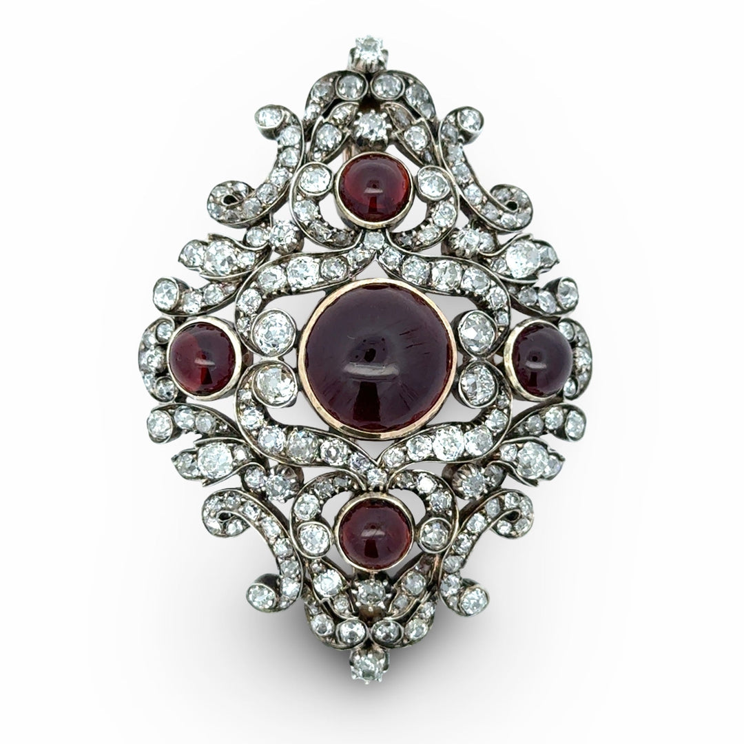 Victorian 1880's Diamond and Garnet 14k White Gold and Silver Pendant/Brooch