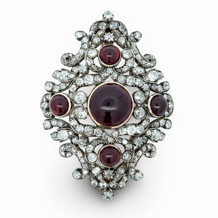 Victorian 1880's Diamond and Garnet 14k White Gold and Silver Pendant/Brooch