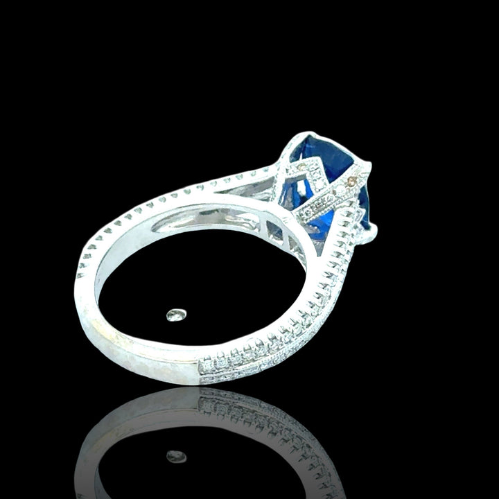 Fine Cushion Cut Sapphire and Diamond 18K White Gold Ring