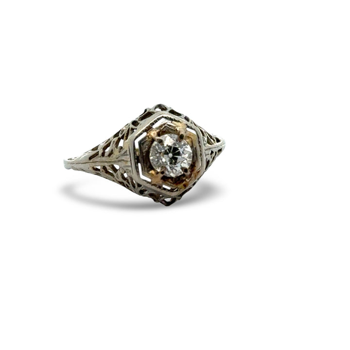 Art Deco .46ct. Old European Cut Diamond Filigree 14k White Gold Ring