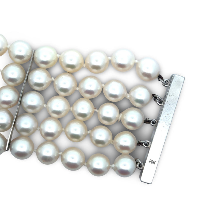 Italian 5 Row 7.75-8.50mm Cultured Pearl 14K White Gold Wide Bracelet
