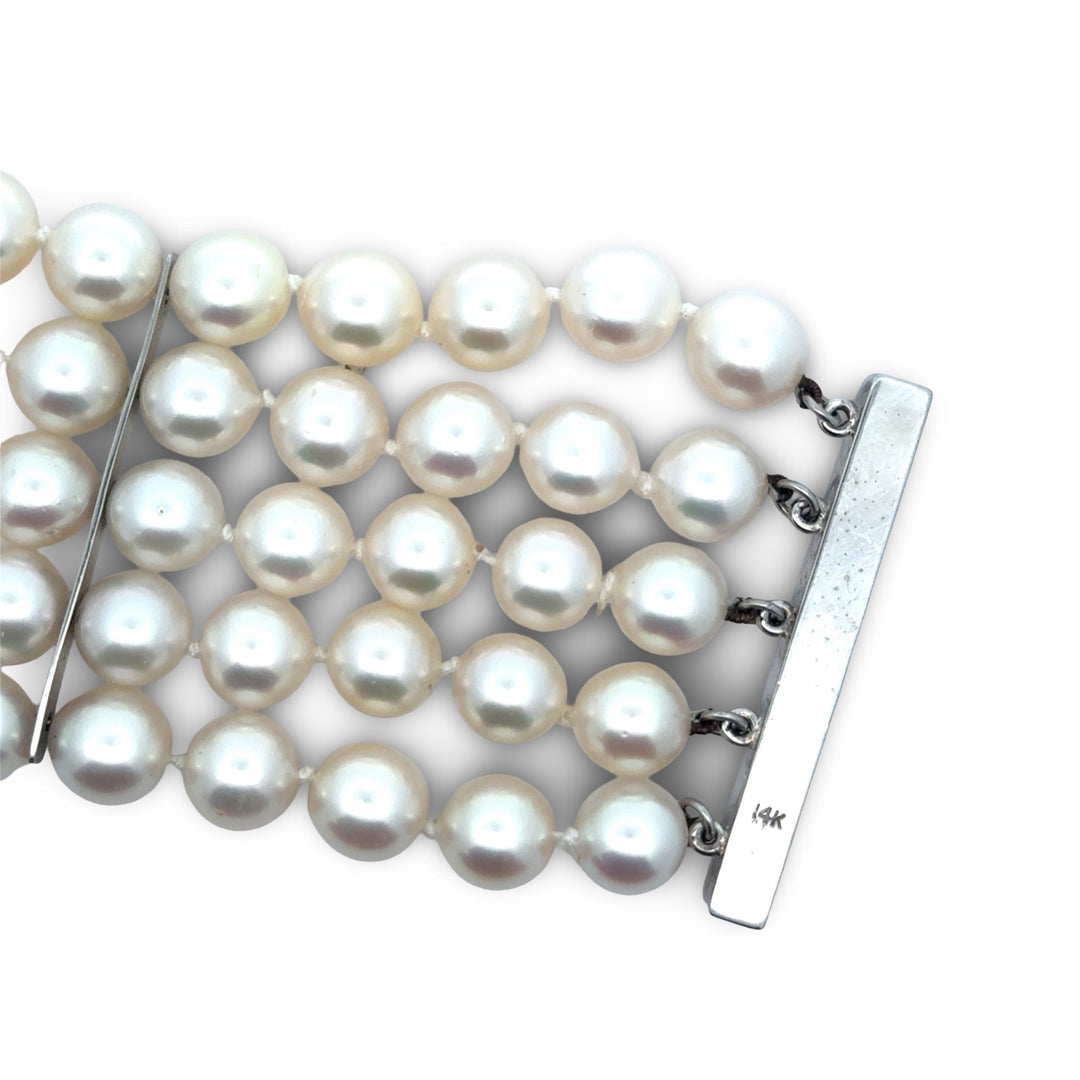 Italian 5 Row 7.75-8.50mm Fine Cultured Pearl 14K White Gold Wide Bracelet