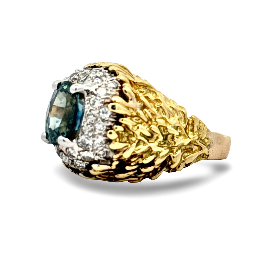 1970's Designer Sapphire and Diamond 18k Yellow and White Gold Ring