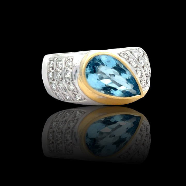 Aquamarine and Diamond Platinum 18K Yellow Gold Ring