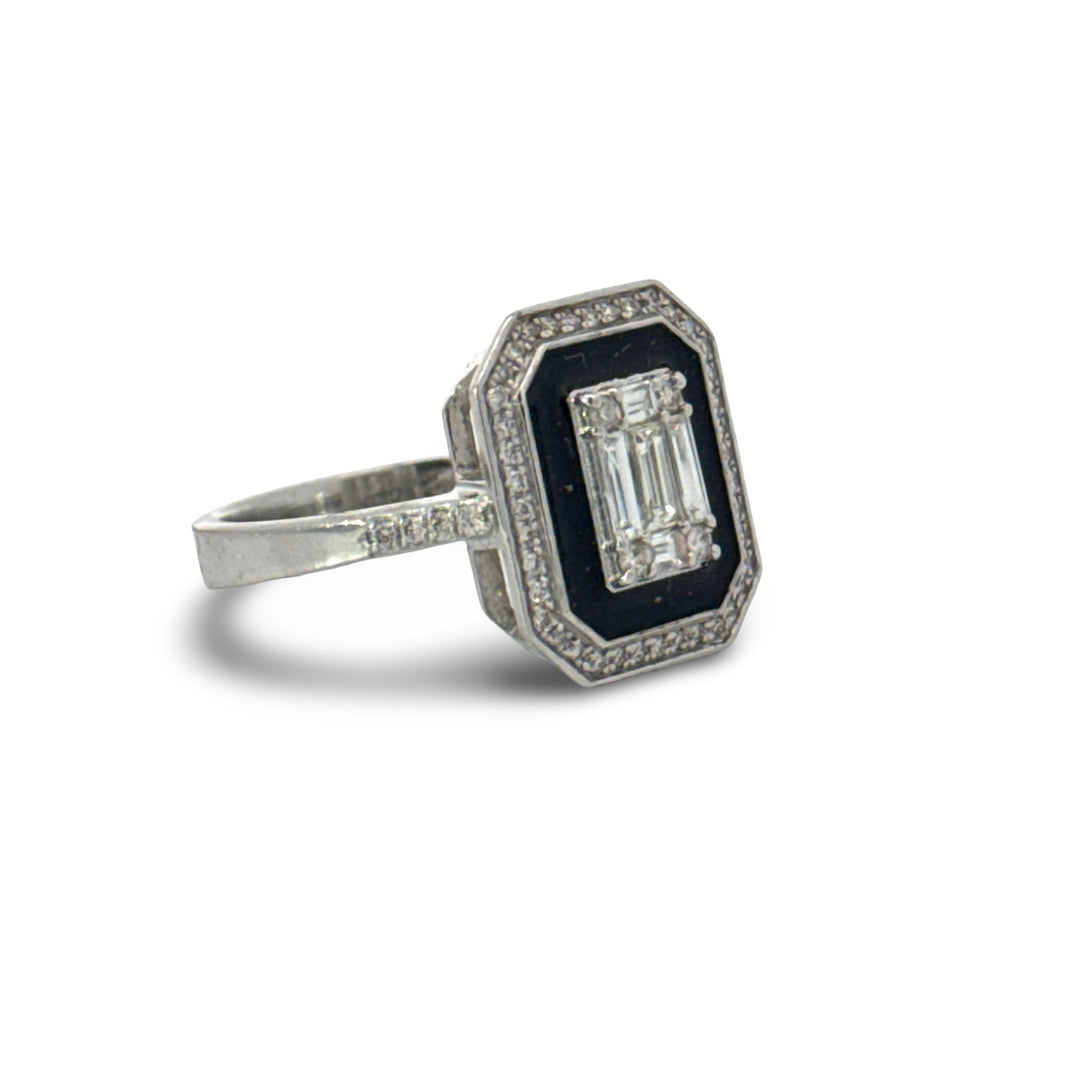 Modern Diamond and Black Enamel 18K White Gold Ring