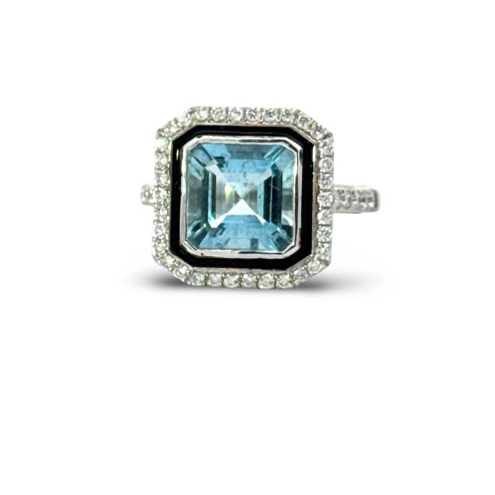 Modern Aquamarine, Diamond and Black Enamel 14K White Gold Ring