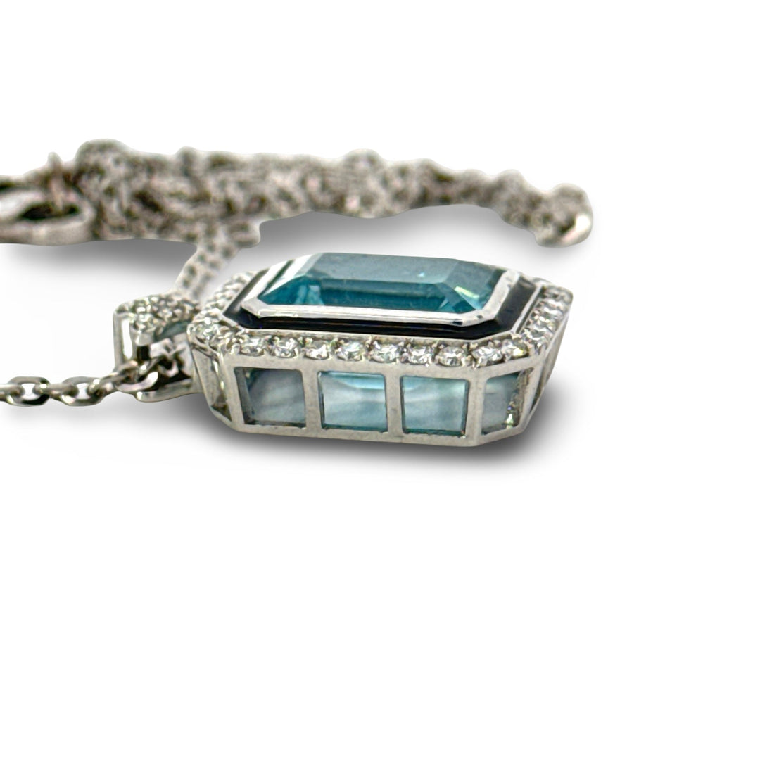 Modern Aquamarine, Diamond and Black Enamel 14K White Gold Necklace