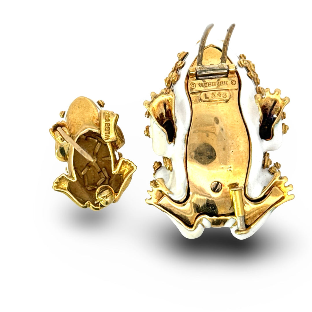 Estate David Webb 18KY White Enamel & Diamond Frog Brooch Set