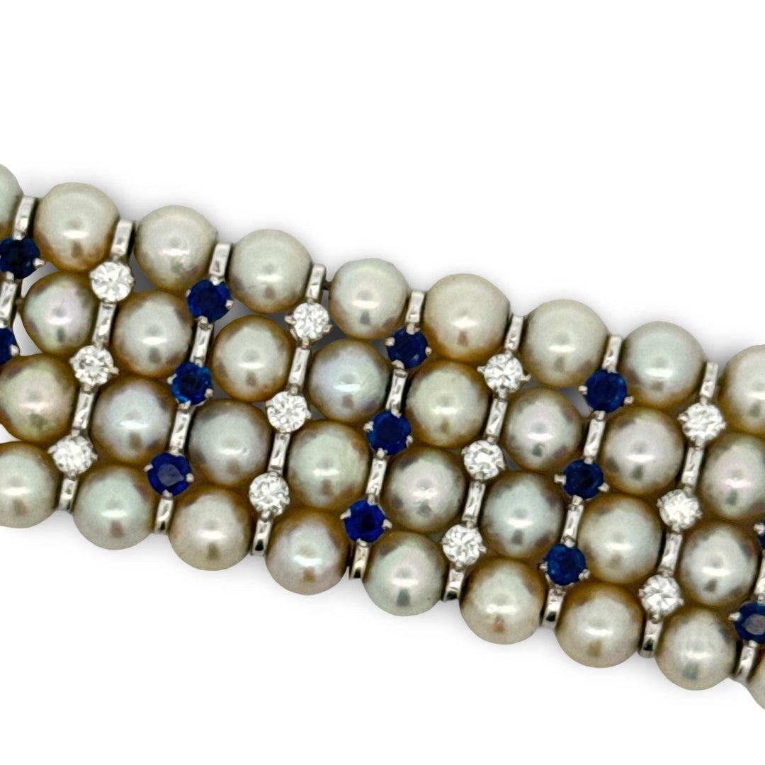 Modern 1960's Diamond, Sapphire and Cultured Pearl 14K White Gold Bracelet