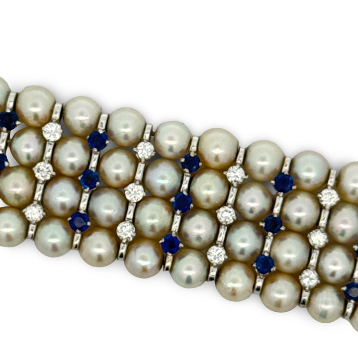 Modern 1960's Diamond, Sapphire and Cultured Pearl 14K White Gold Bracelet