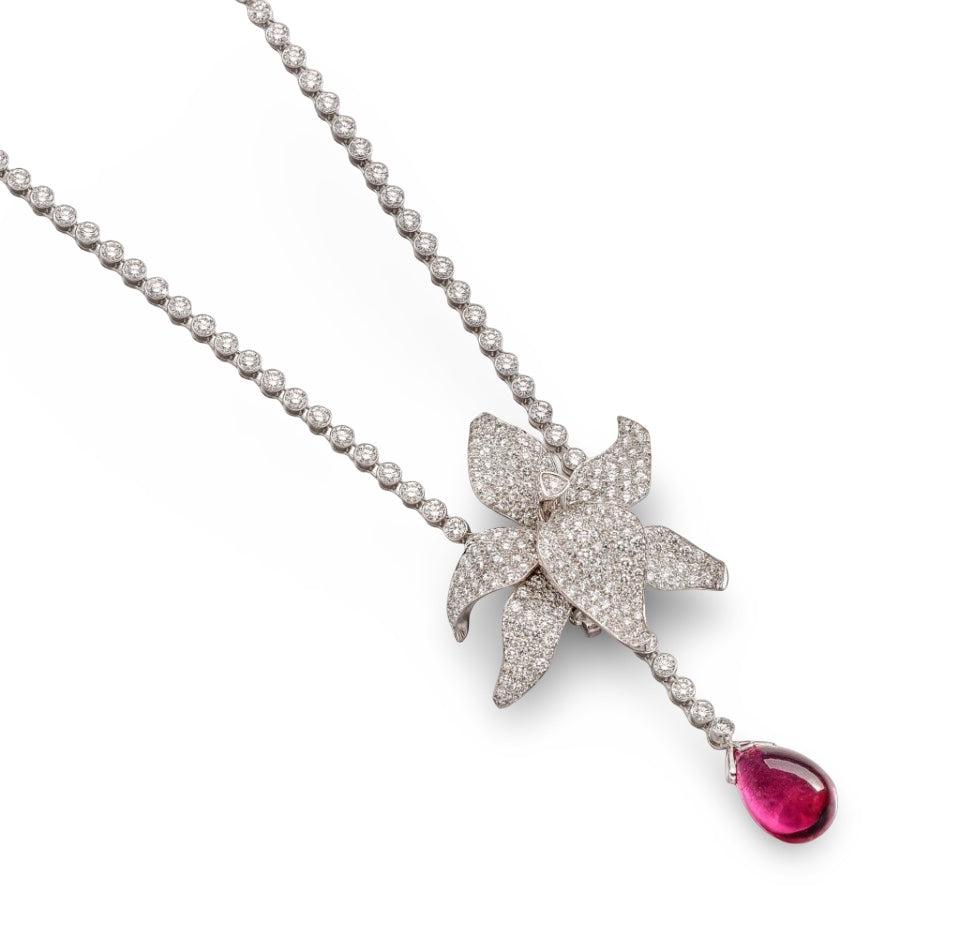 Cartier Caresse De Orchide Diamond and Rubellite Adjustable Platinum Necklace