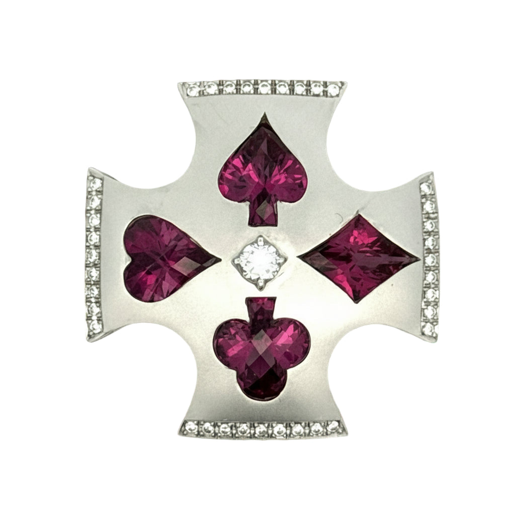 Custom Made Garnet and Diamond 18K White Gold Playing Card Suit Pendant