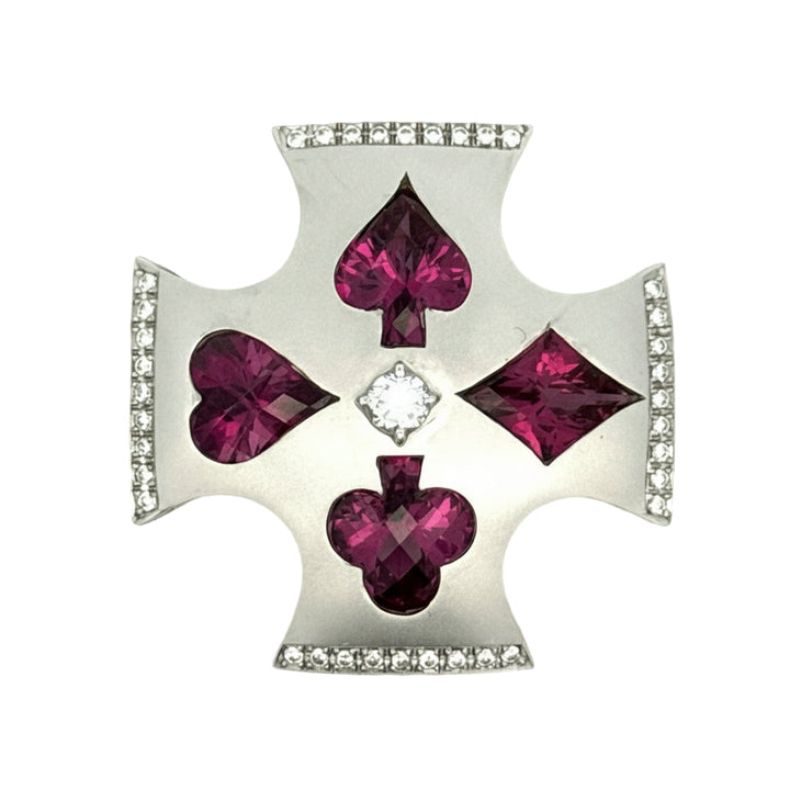 Custom Made Garnet and Diamond 18K White Gold Playing Card Suit Pendant