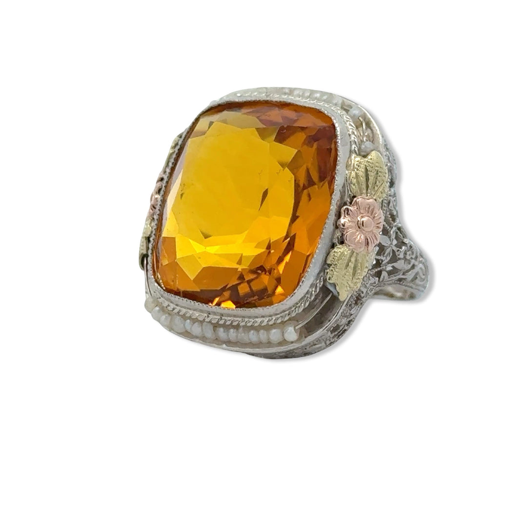 Citrine and Pearl Filigree 14K Tri Color Gold Ring
