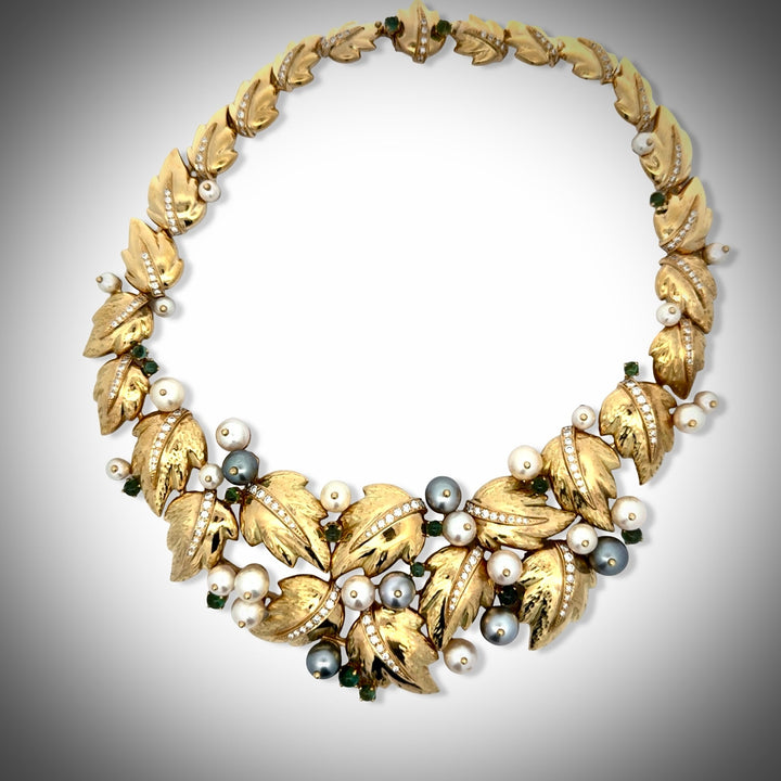 Estate Of Hollywood Actress Connie Stevens Chaumet Paris Diamond Pearl and Tourmaline 18K Yellow Gold Necklace