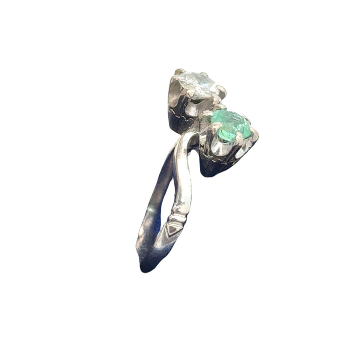 Retro Diamond and Emerald Bypass Platinum Ring
