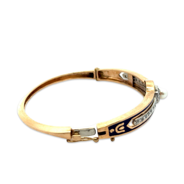 Victorian Diamond, Pearl and Blue Enamel 14K Yellow Gold Bangle