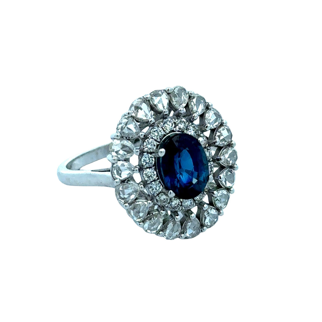 Oval Sapphire and Rose Cut Diamond 18K White Gold Ring
