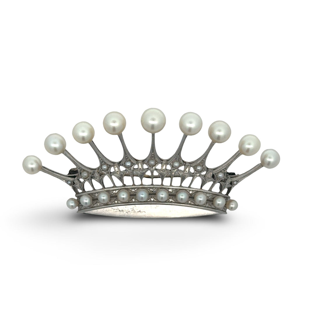 Designer Mikimoto Cultured Pearl and Platinum Crown Brooch