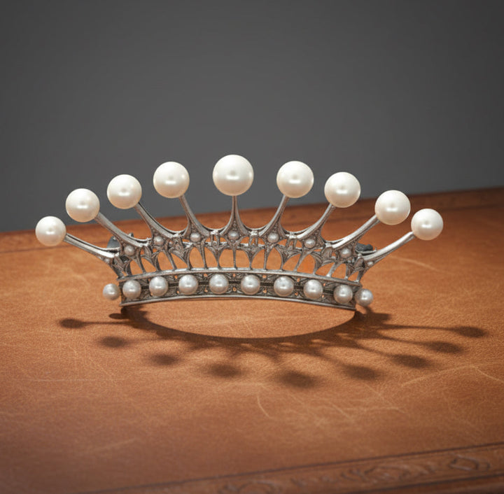Designer Mikimoto Cultured Pearl and Platinum Crown Brooch