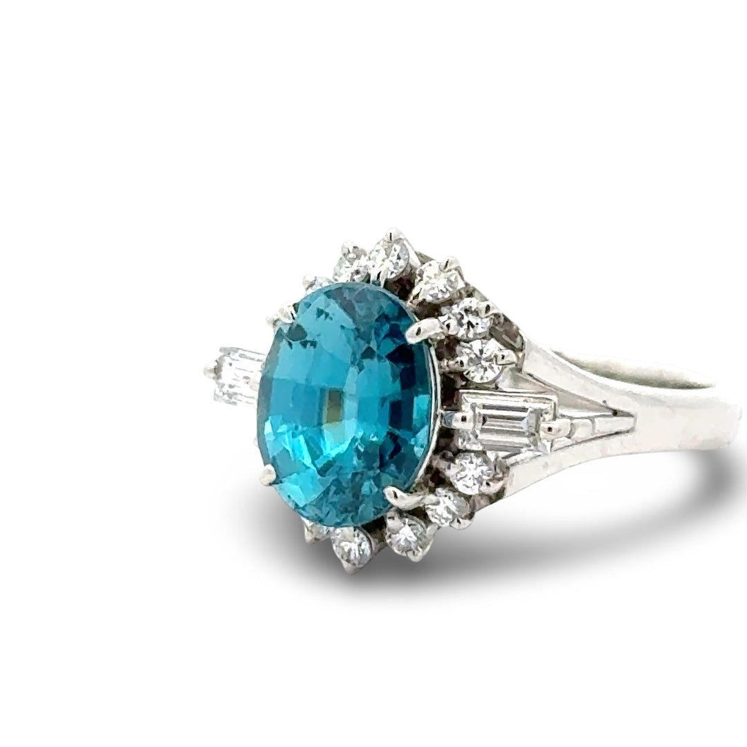 Blue Zircon and Diamond Platinum Ring