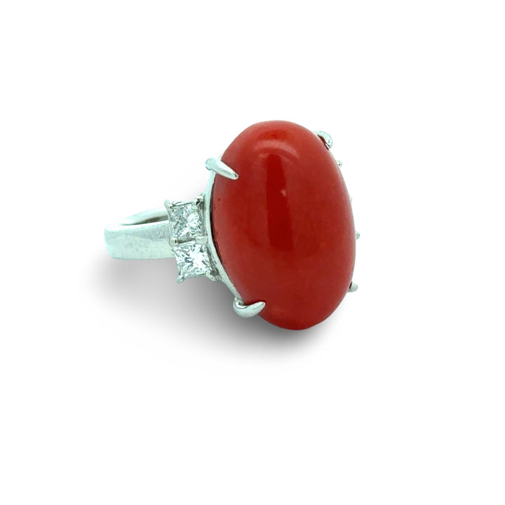 Natural Coral and Diamond Platinum Ring