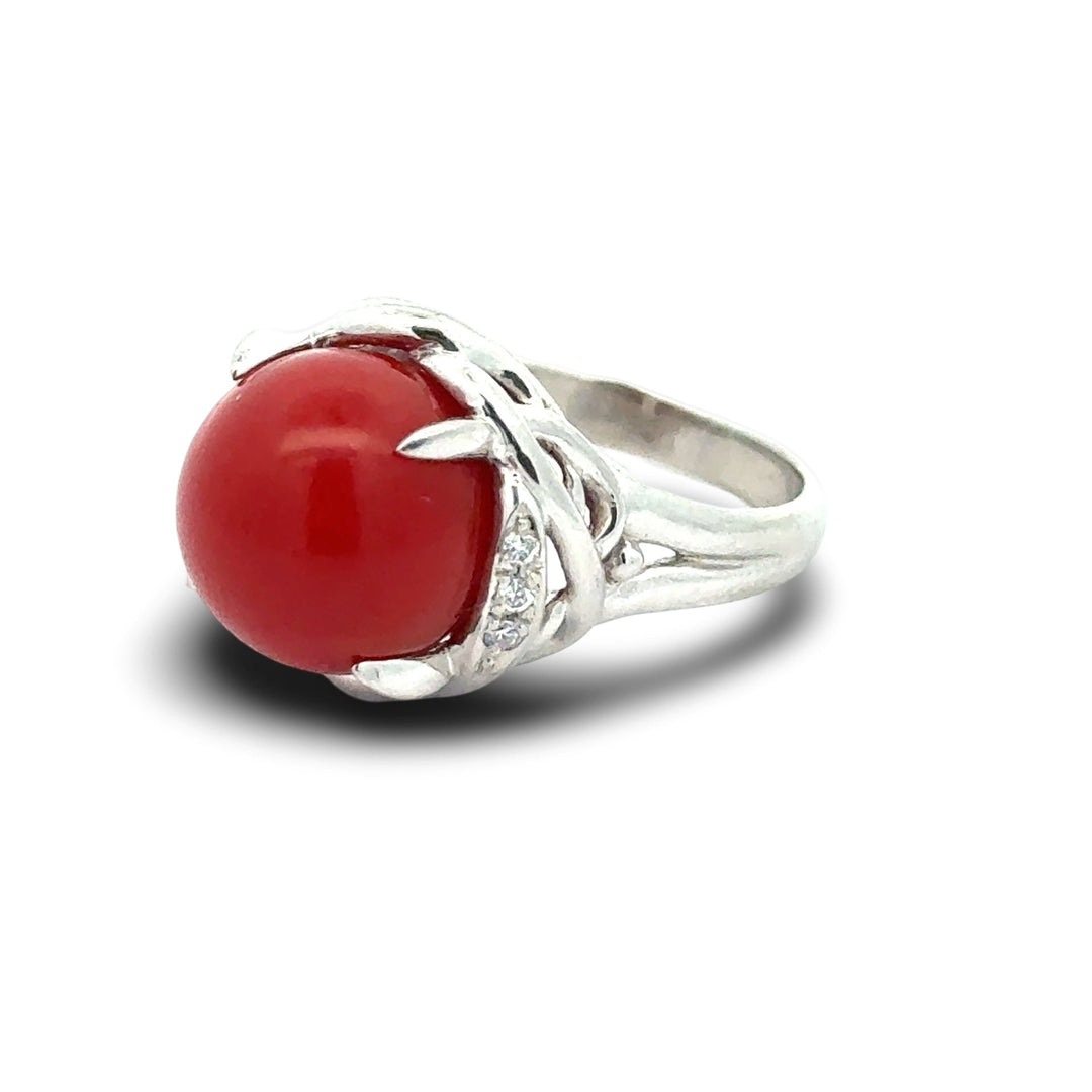Natural Coral and Diamond Platinum Ring