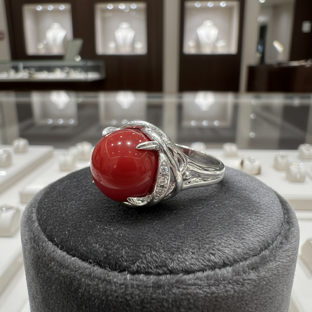 Natural Coral and Diamond Platinum Ring