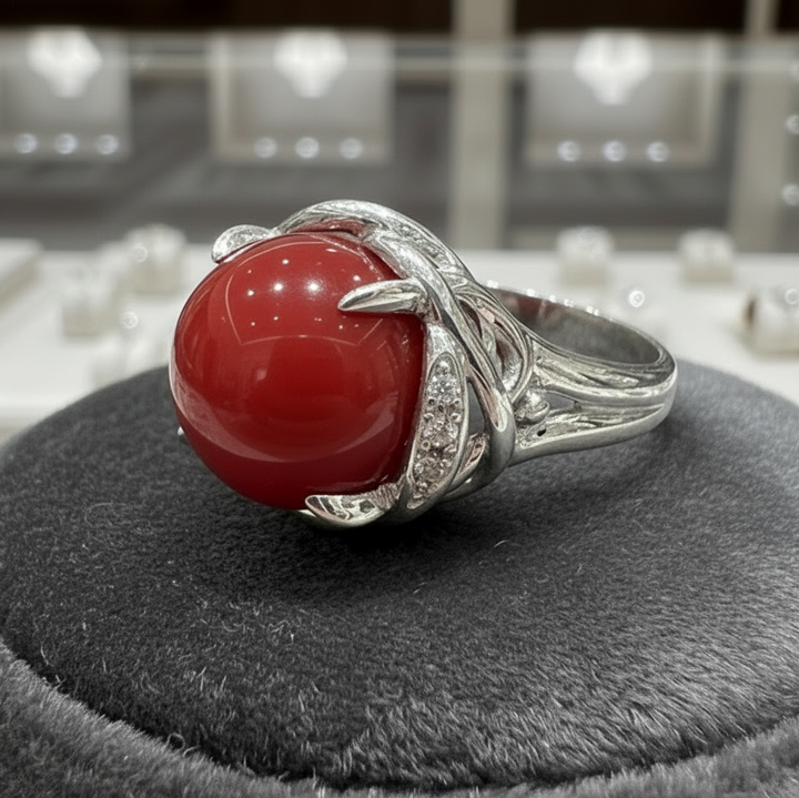 Natural Coral and Diamond Platinum Ring