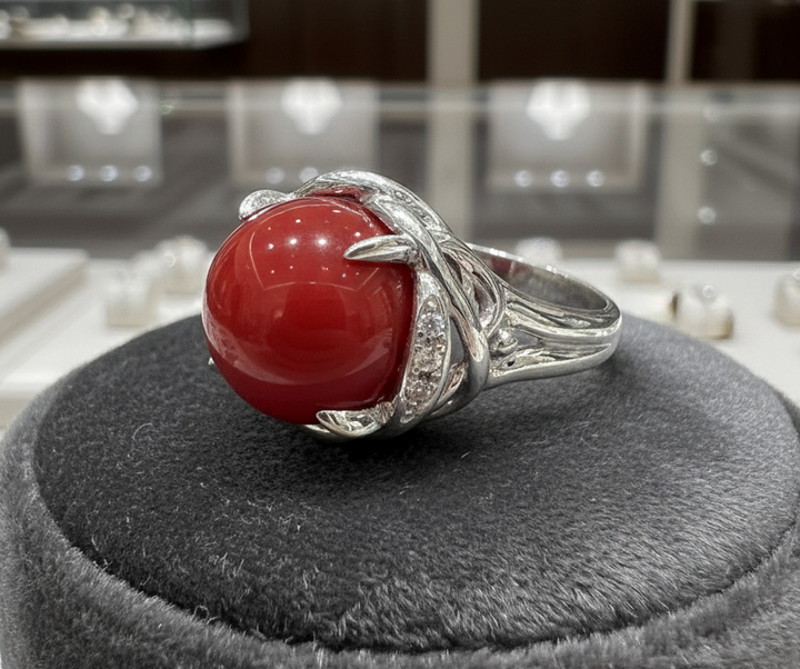 Natural Coral and Diamond Platinum Ring