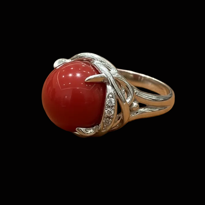 Natural Coral and Diamond Platinum Ring