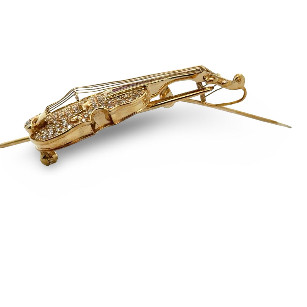 Violin Diamond and Ruby Pendant/Brooch 18kt Yellow Gold