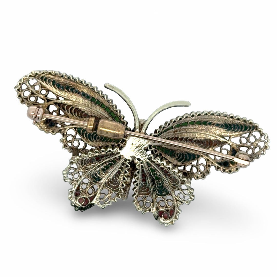 Plique A Jour Green and Orange Enamel 14K Yellow Gold Butterfly Brooch