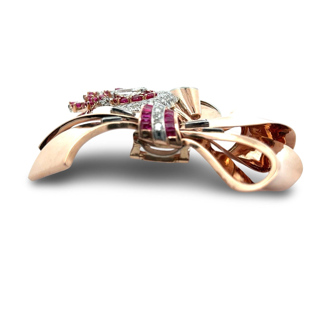 Retro 1940's Diamond, Ruby and 14k Rose Gold Pendant/Brooch