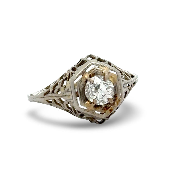 Art Deco .46ct. Old European Cut Diamond Filigree 14k White Gold Ring
