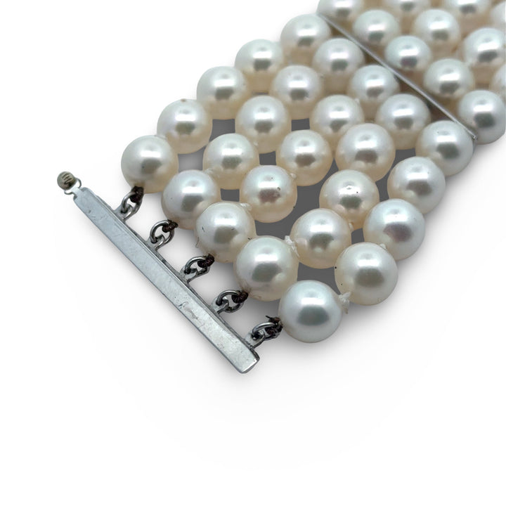 Italian 5 Row 7.75-8.50mm Fine Cultured Pearl 14K White Gold Wide Bracelet