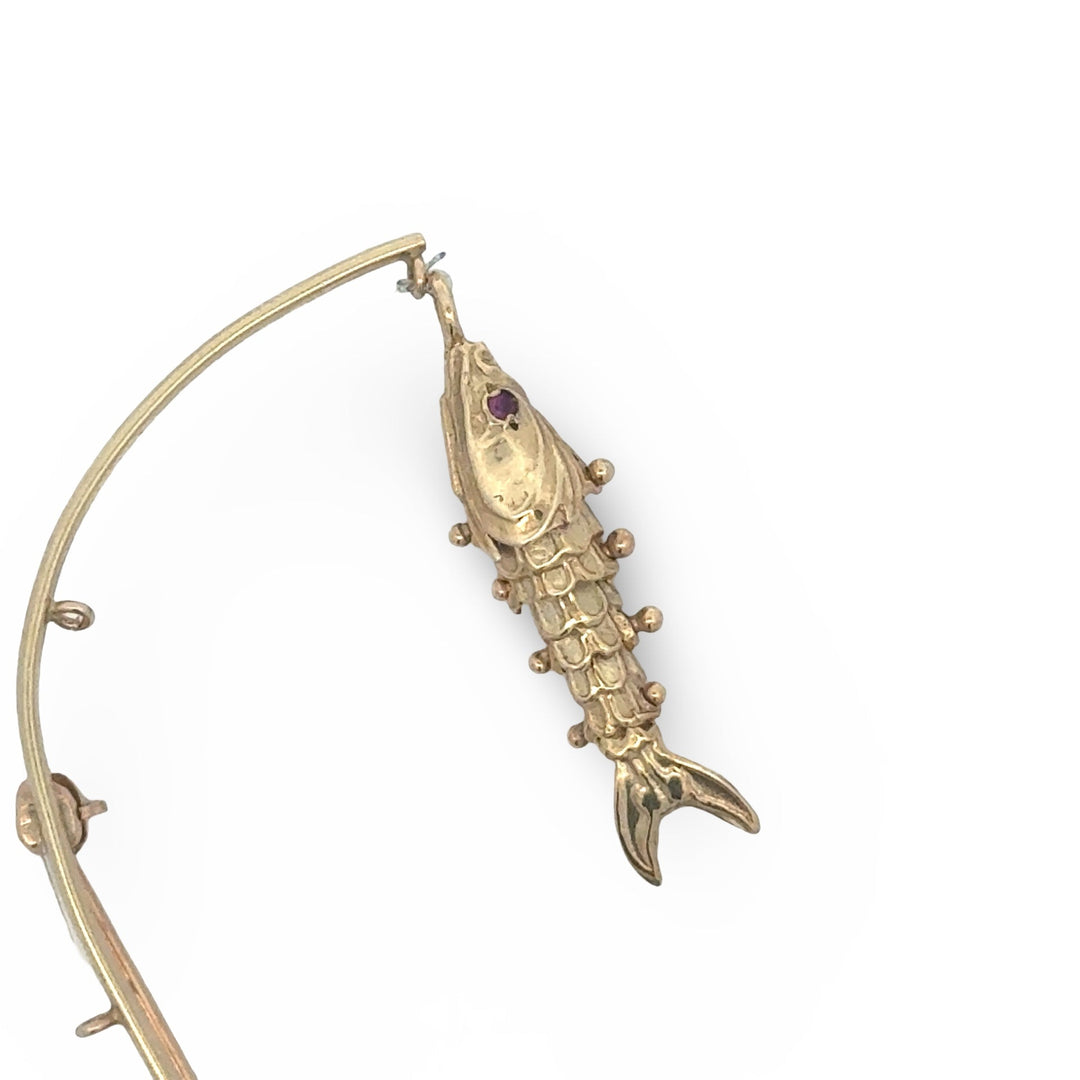 THe Wicked Tuna Fisherman Captain 14k Yellow Gold Articulating Fishing Pole and Reel Brooch