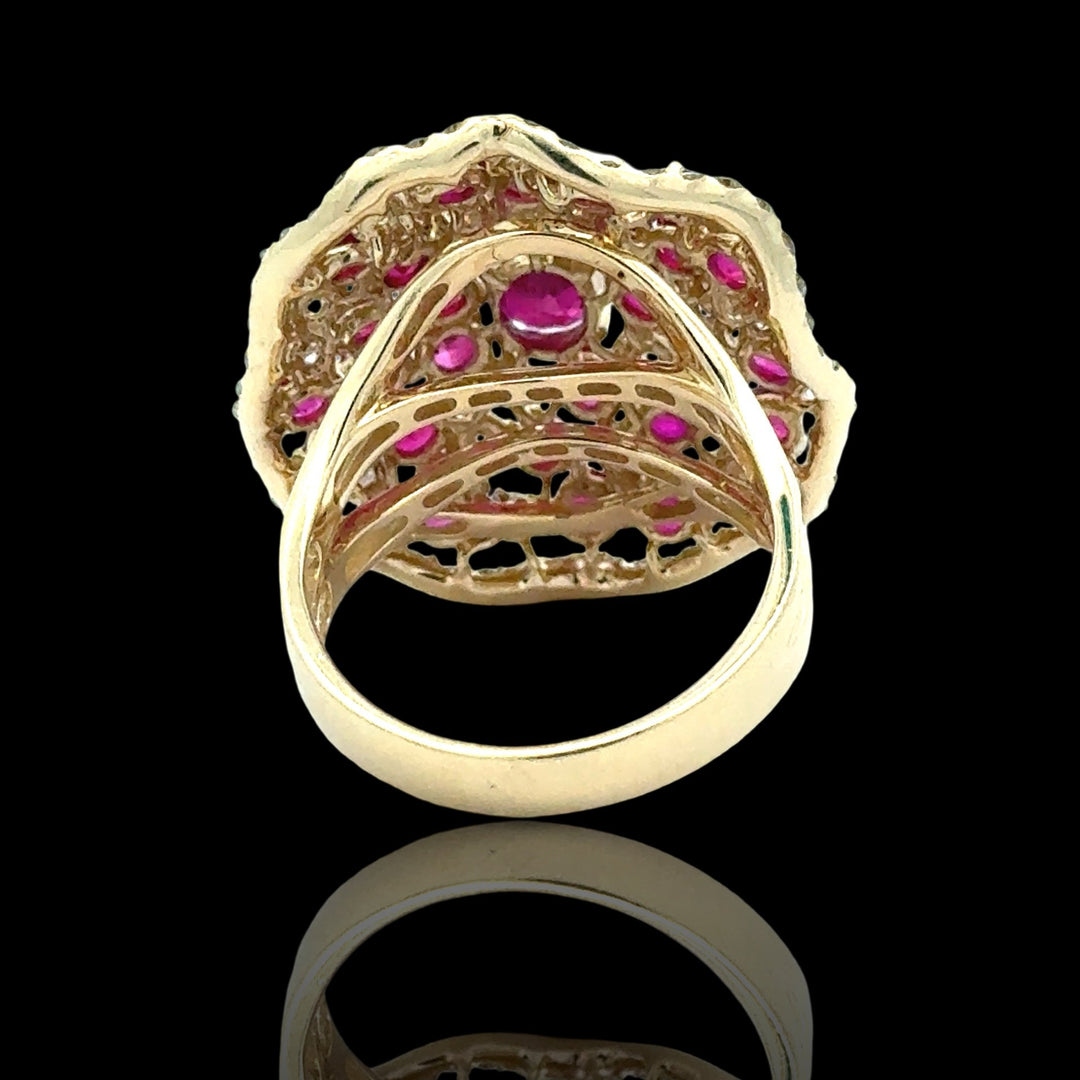 Fine Ruby Diamond Cluster 14K Yellow Gold Ring
