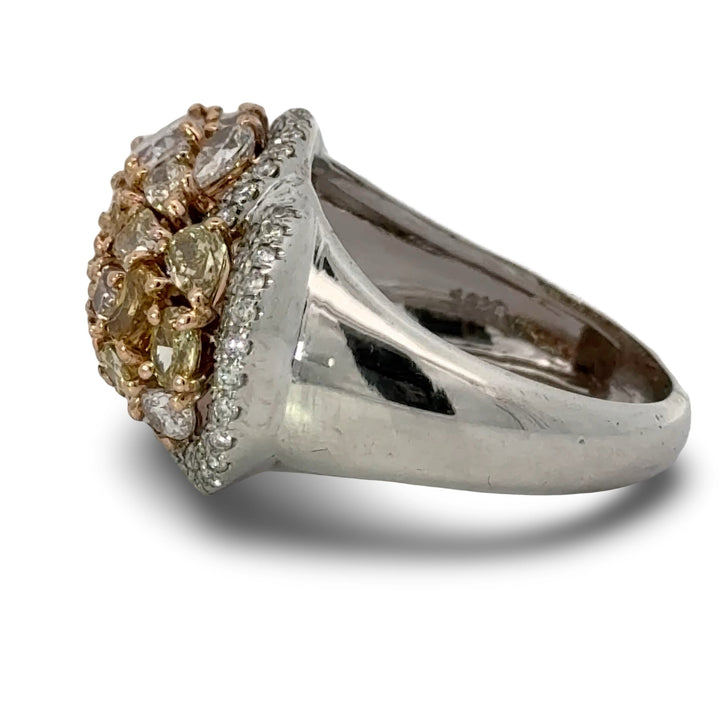 Modern Natural Fancy Yellow, Pink and White Diamond 18K White Gold Ring.