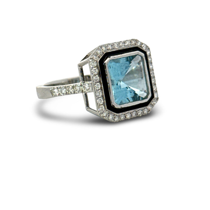 Modern Aquamarine, Diamond and Black Enamel 14K White Gold Ring