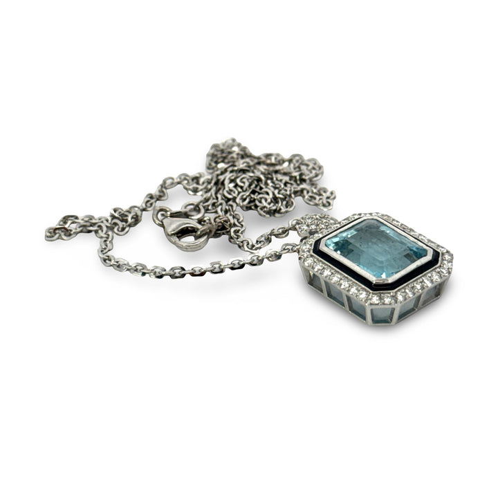 Modern Aquamarine, Diamond and Black Enamel 14K White Gold Necklace