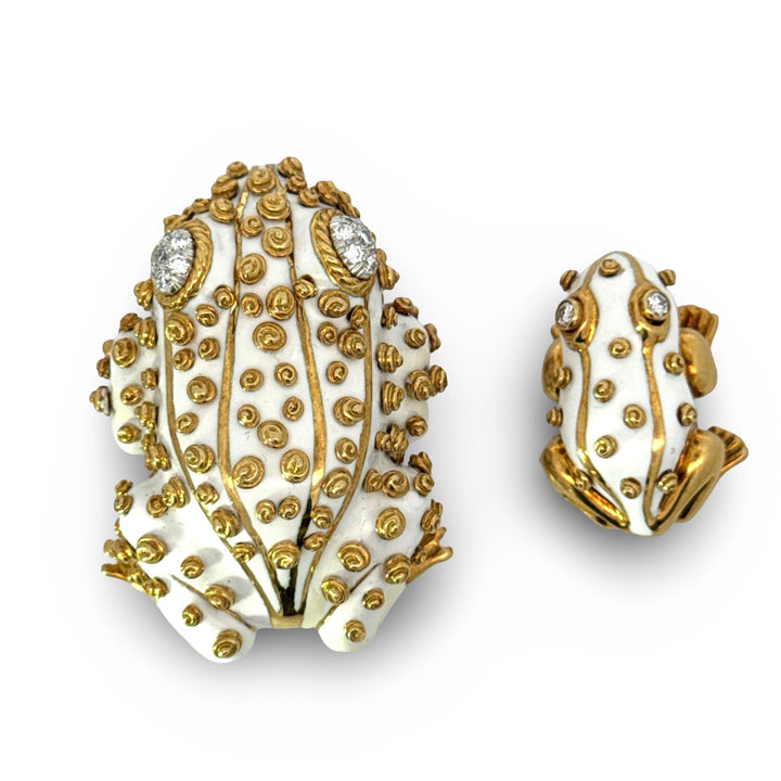 Estate David Webb 18KY White Enamel & Diamond Frog Brooch Set