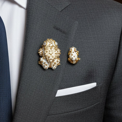 Estate David Webb 18KY White Enamel & Diamond Frog Brooch Set